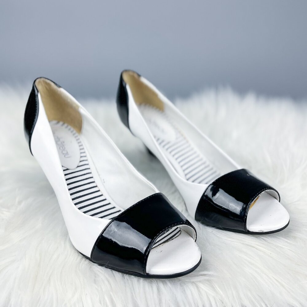 Vintage High Heels | 90's Black & White Vegan Patent Leather Peep Toe Shoes